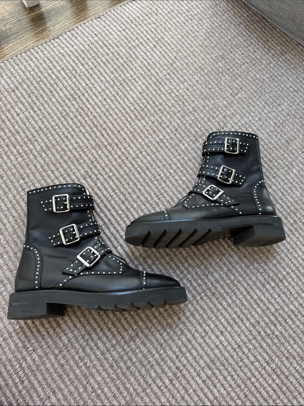 Stuart Weitzman Black Studded Buckle Combat Boots